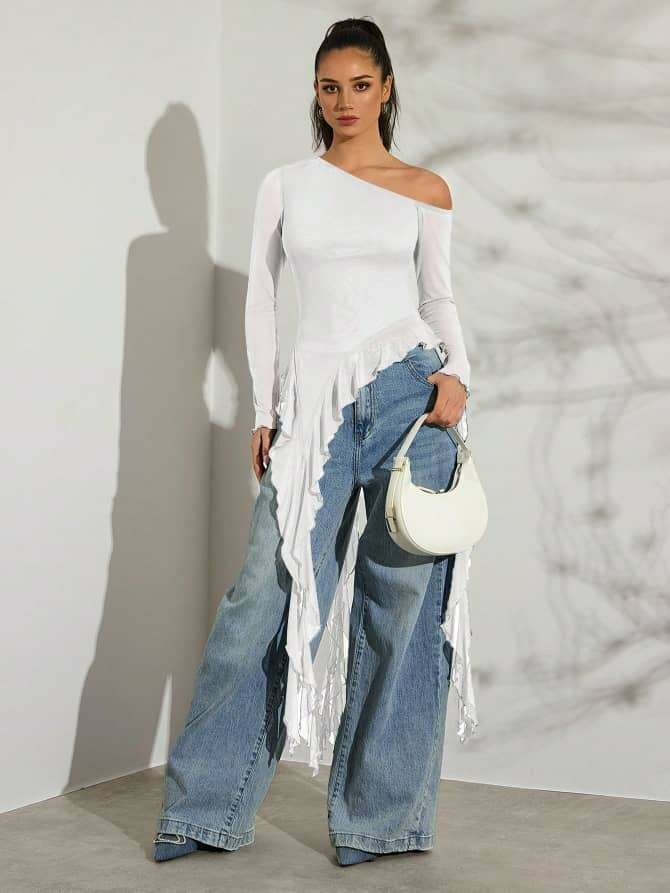 Top asymétrique bleu floral