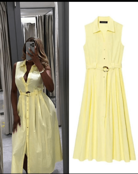 Robe longue sans manches ceinturée