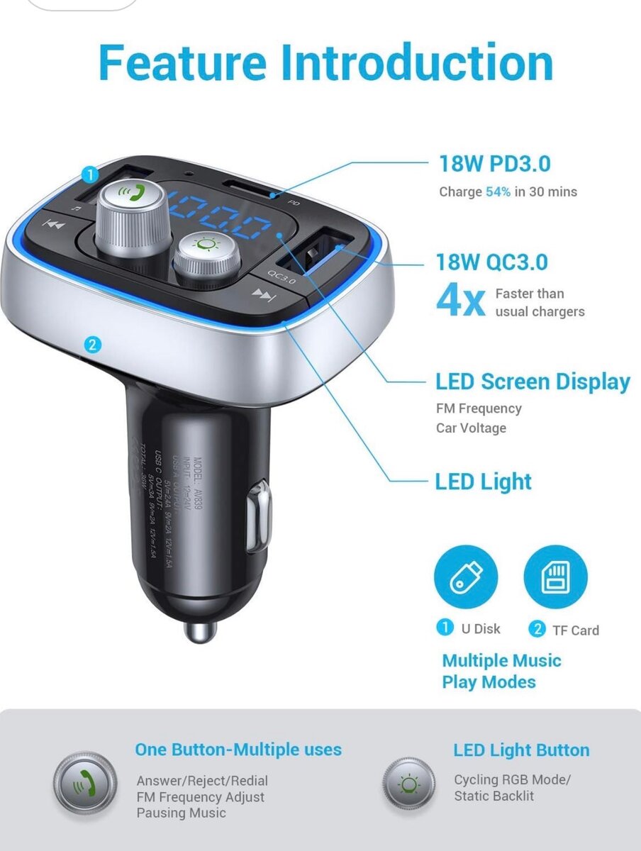 Transmetteur FM Bluetooth Voiture