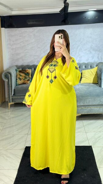 Abaya jaune femme brodée