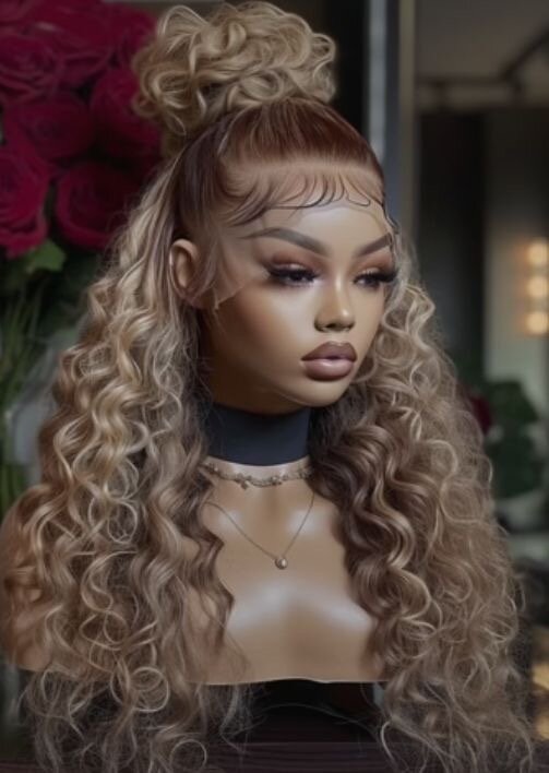 Perruque en dentelle longue bouclée