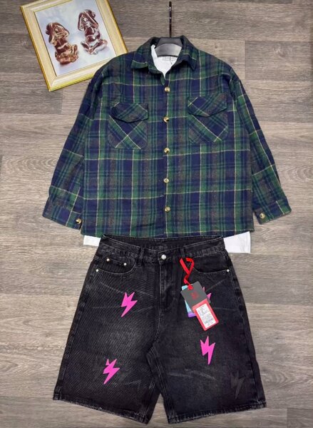 Chemise carreaux et shorts en jeans pour homme