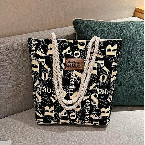 Sac cabas noir motifs lettrage blanc