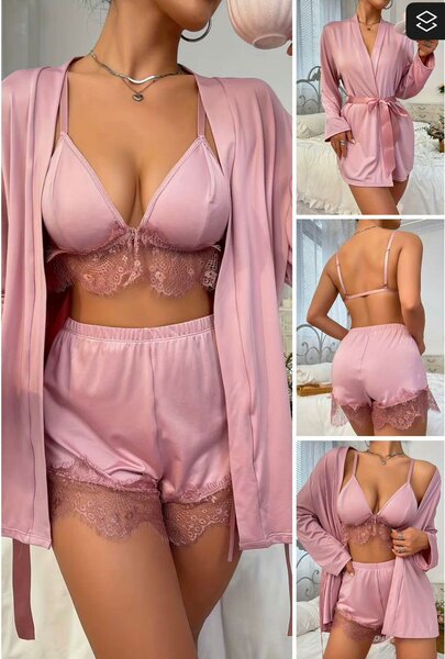 Ensemble lingerie nuit en soie rose