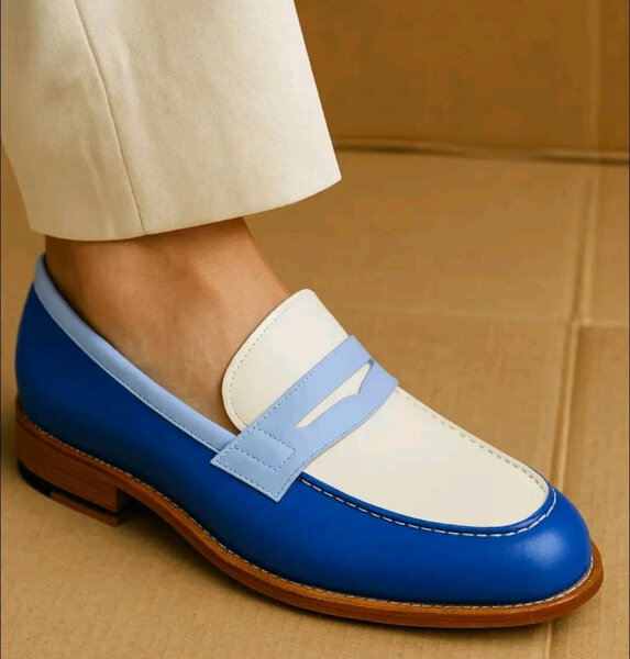 Chaussures mocassins en cuir bleu et blanc