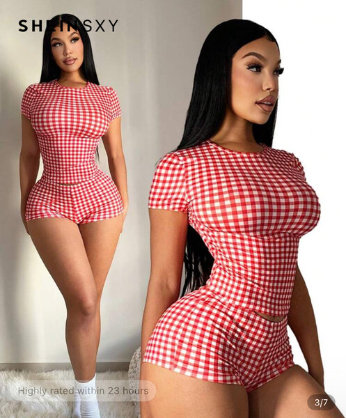 Combishort carreaux rouge femme