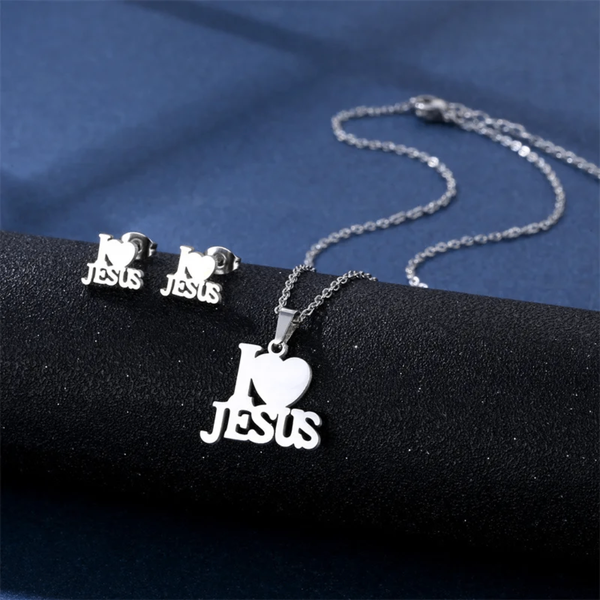 Parure Collier et Boucles I Love Jesus en Acier