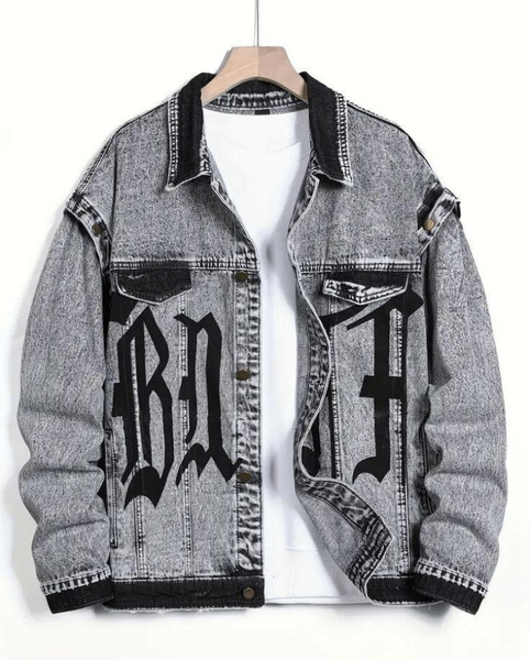 Veste en jean grise pour homme avec motifs noirs