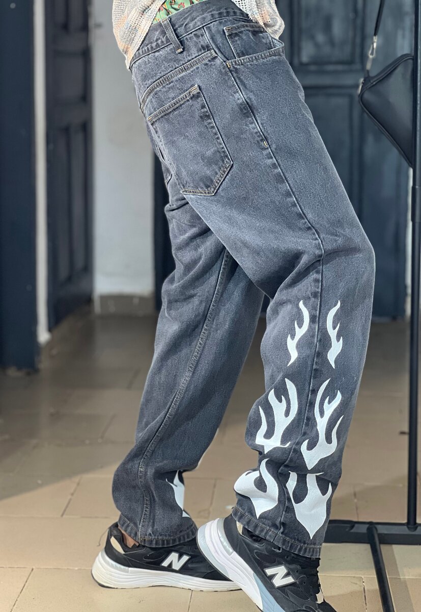 Jeans gris flamme streetwear