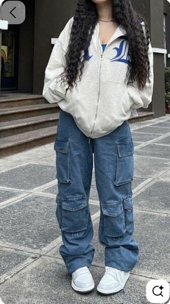 Jeans cargo femme ample bleu