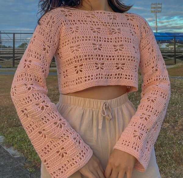 Pull court crochet boho chic
