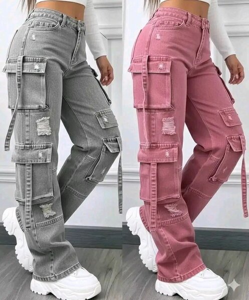 Jeans cargo femme gris et rose
