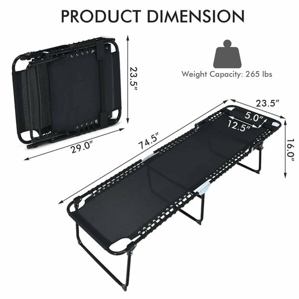 Lit de camp pliant noir - 265 lbs