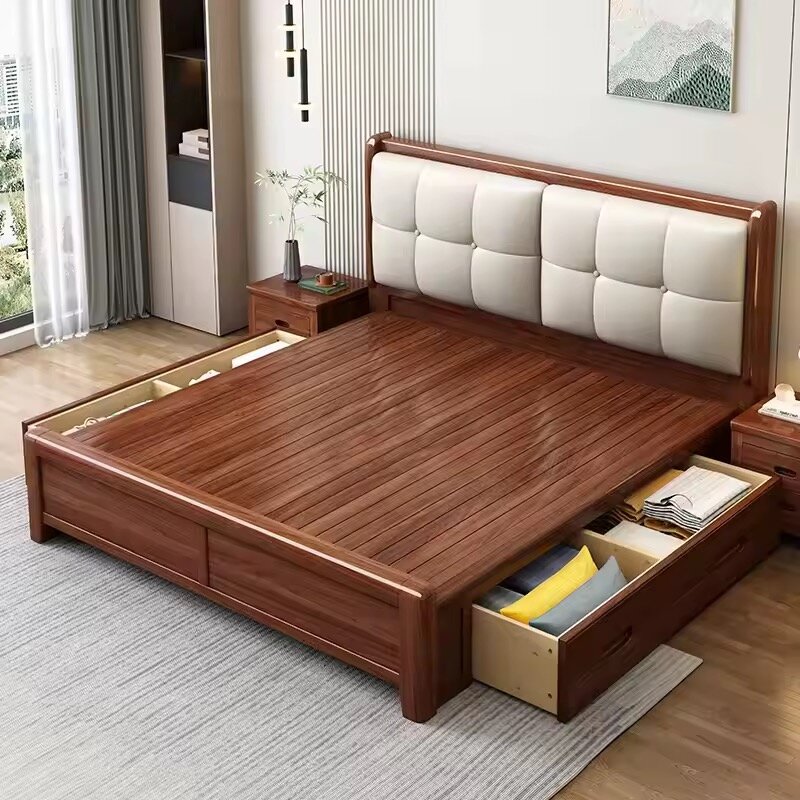 Lit double en bois avec rangements