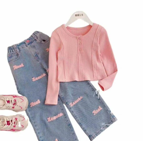 Ensemble fille pull rose et jean
