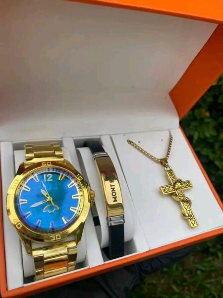 Montre Homme Luxe avec Bracelet et Collier Croix