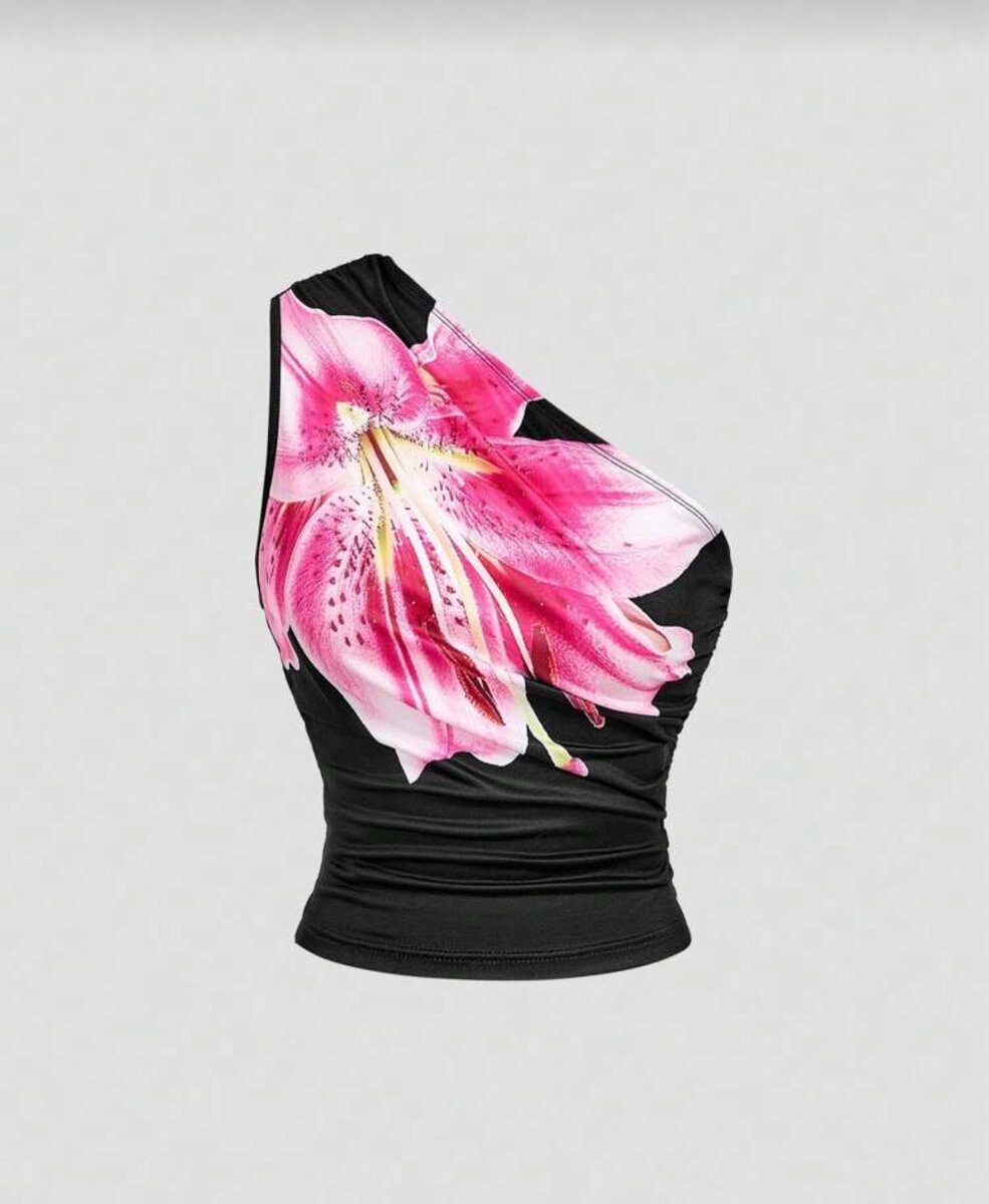 Top asymétrique à fleurs