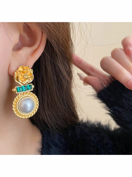 Shein - 1Pair New Fashion Antique Style Turquoise & Green Cubic Zirconia Inlaid Flower Dangle Earrings Palace Retro Vintage Fashionable Exaggerated And Elegant For Wedding Gift, Party Dressing, Daily Wear