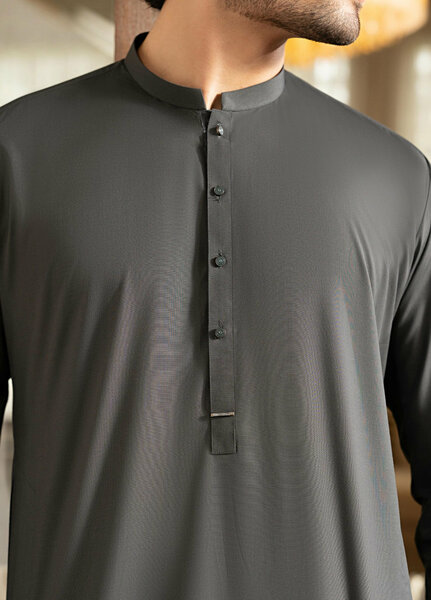 Stylish Garments Mens RTW Solids Wash N Wear Kurta Shalwar Suit Dark Gray Contrast Casual Collection