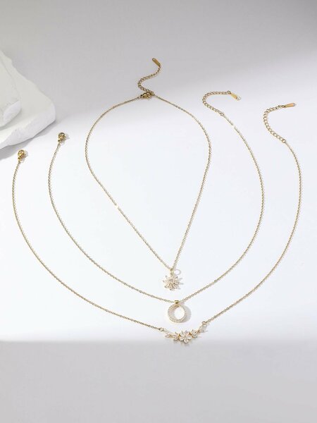 Shein - 3pcs/set Fashionable Elegant Necklace With Flower & Circle Shaped Design, Unique And Creative Jewelry For Women, Luxury Gift