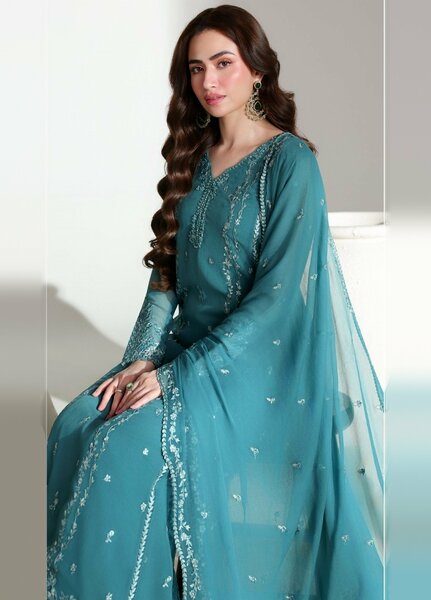 Ensembles by Azure Unstitched Embroidered Chiffon 3 Piece Suit AZ26UEF Teal Affair - Festive Collection
