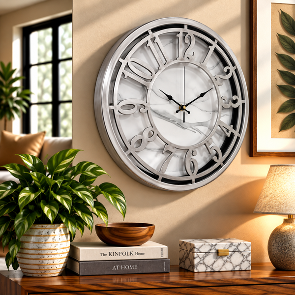 Majestic 15-Inch Heritage Wall Clock – Modern Silver Skeleton Wall Clock with Marble Effect Dial for Living Room, Office & Contemporary Home Décor