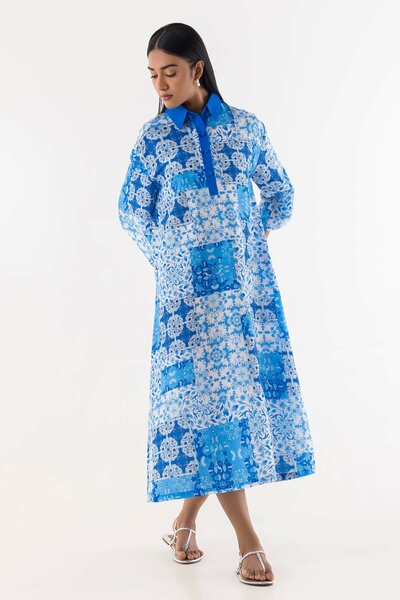 Stitched Blue Printed Dress