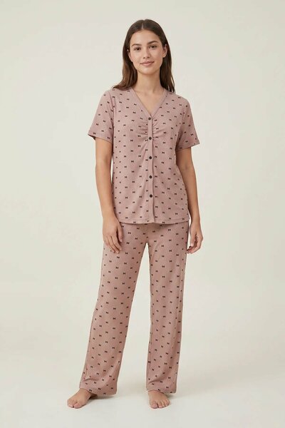 BLS - Bow Print Ribbed Pajama Set - Coffee