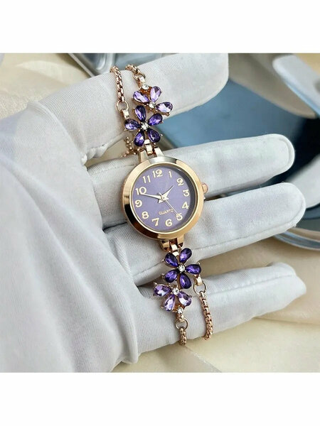Shein - 1pc Women's Purple Color Petal Rhinestone Pull-Out Watch Chain, Arabic Numeral Elegant Quartz Watch