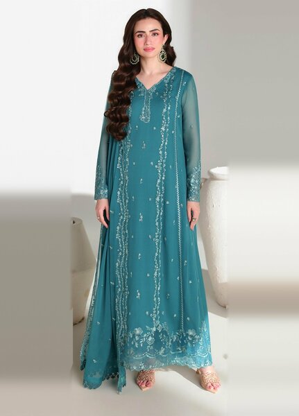 Ensembles by Azure Unstitched Embroidered Chiffon 3 Piece Suit AZ26UEF Teal Affair - Festive Collection
