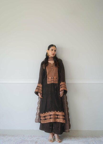 Atelier Velours by Rashid Textiles RTW Embroidered Velvet 3 Piece Suit RT26RAV Cocoa - Festive Collection