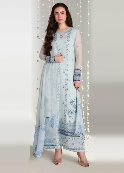 Ensembles by Azure Unstitched Embroidered Chiffon 3 Piece Suit AZ26UEF AQUARIA - Festive Collection