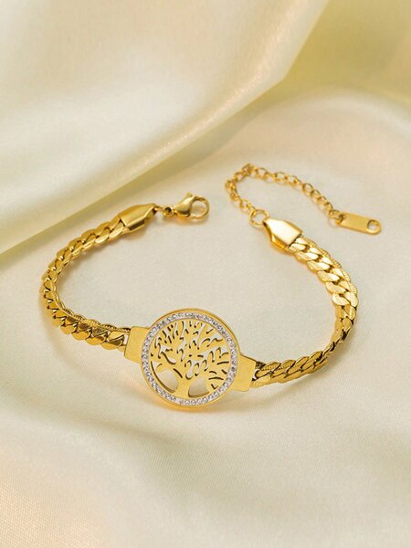 Shein - One Piece Gold Stainless Steel Tree Of Life Chain Bracelet For Women, Fashionable Daily Versatile Jewelry Accessories Valentine'S Day Gift