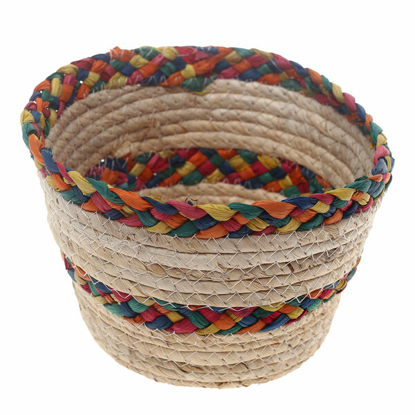 Handwoven Round White Basket with Multicolor Braided Rim – Small Natural Fiber Storage Organizer