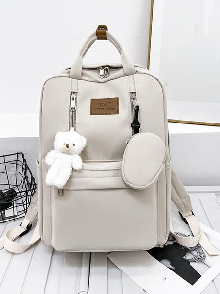 Shein - Classic, Casual Bear & Letter Patch Decor Functional Backpack With Coin Purse School Bag For Teen Girls, Women,College Students, Perfect For Outdoors ,Travel & Back To School, With Bear Pendant , Women Bag With Dime Bag