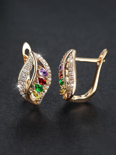 Shein - 1pair Glamorous Cubic Zirconia Decor Leaf Design Stud Earrings For Women For Gift