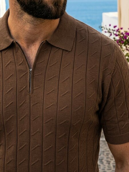 Dark Brown Knitted Zipper Polo (SKZP-073)