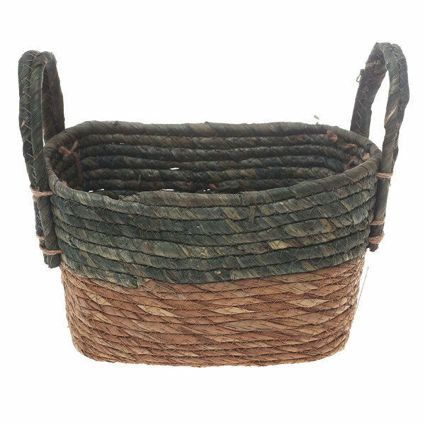 Handwoven Rectangular Green & Brown Basket with Dual Handles – Small Natural Fiber Storage Organizer