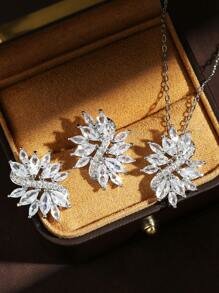 Shein - 3pcs Fashionable Minimalist Copper Cubic Zirconia Irregular Tassel Necklace And Earrings Set
