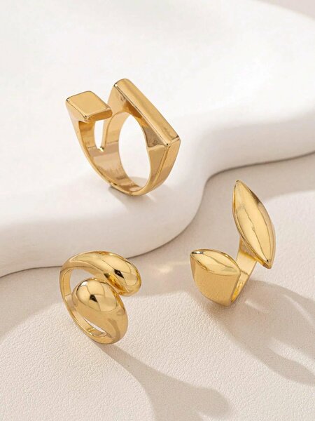Shein - 3pcs Geometric Hollow-Out Gold Color Rings Set