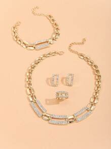 Shein - 5pcs/set Gold-color Zinc Alloy Square Shaped Diamante Decoration Jewelry