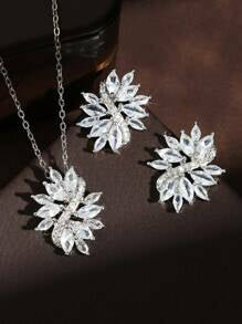Shein - 3pcs Fashionable Minimalist Copper Cubic Zirconia Irregular Tassel Necklace And Earrings Set