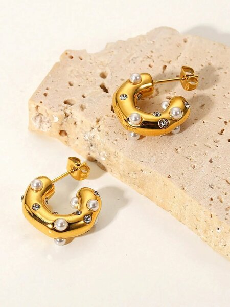 Shein - SHOPBOHO 1pair Glamorous Stainless Steel Cubic Zirconia & Faux Pearl Decor Cuff Hoop Earrings