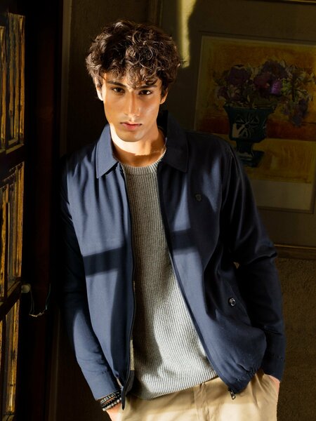 Navy Twill Harrington Jacket With Collar