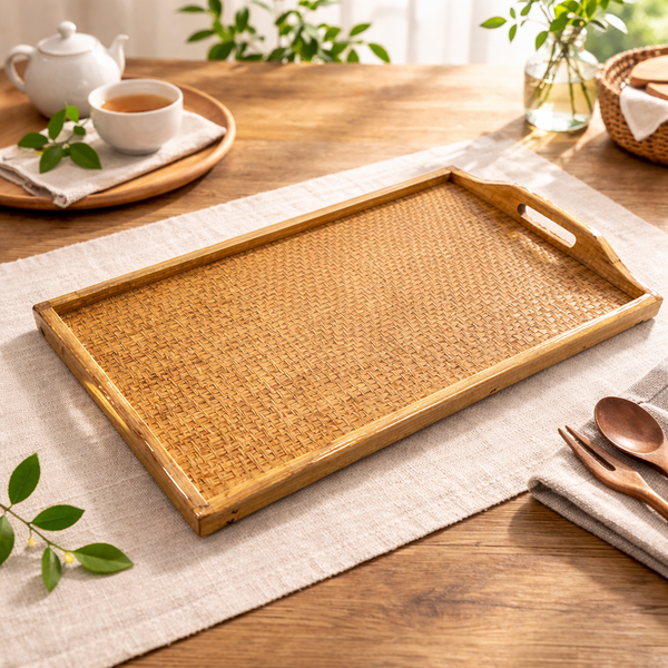 Bamboo Bed Tray – Natural Wooden Serving Tray with Woven Rattan Base