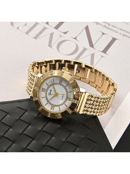 Shein - 1Pc Elegant Luxury Rhinestone Decor Ladies' Watch With Stainless Steel Bracelet, Quartz Movement, Suitable For Daily Wear