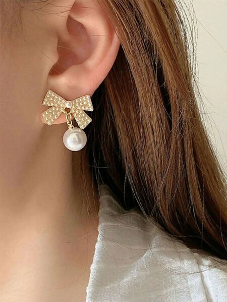 Shein - 5pcs/Set Rhinestone Geometric Square, Heart, Bowknot & Pearl Decor Tassel Earrings