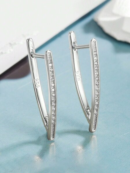 Shein Exclusive - 1pair Women's S925 Silver Geometric Cubic Zirconia Drop Earrings