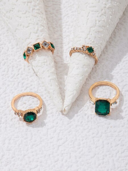 Shein - 4Pcs/Set Glamorous Zinc Alloy Rhinestone Geometric Decor Ring For Women For Girlfriend'S Gift