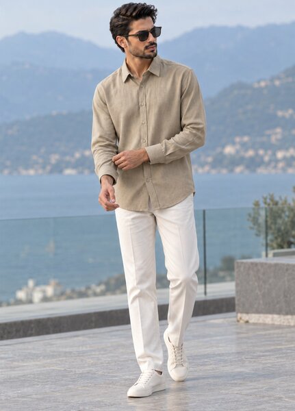 J F Denim Mens Shirt RTW Solids Linen 1 Piece Khaki - Casual Collection